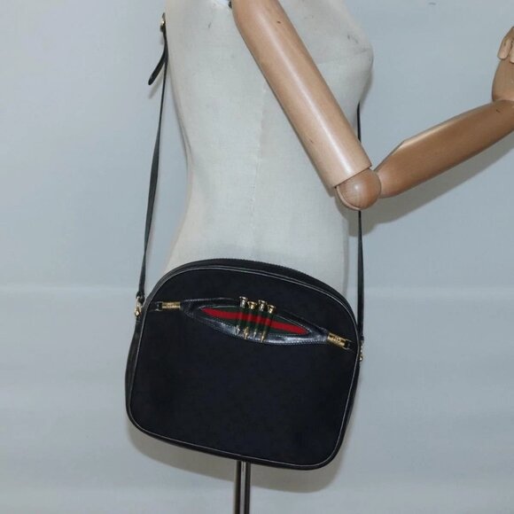 GUCCI Micro GG Canvas Web Sherry Line Shoulder Bag Black Gold Red Auth - Picture 1 of 16